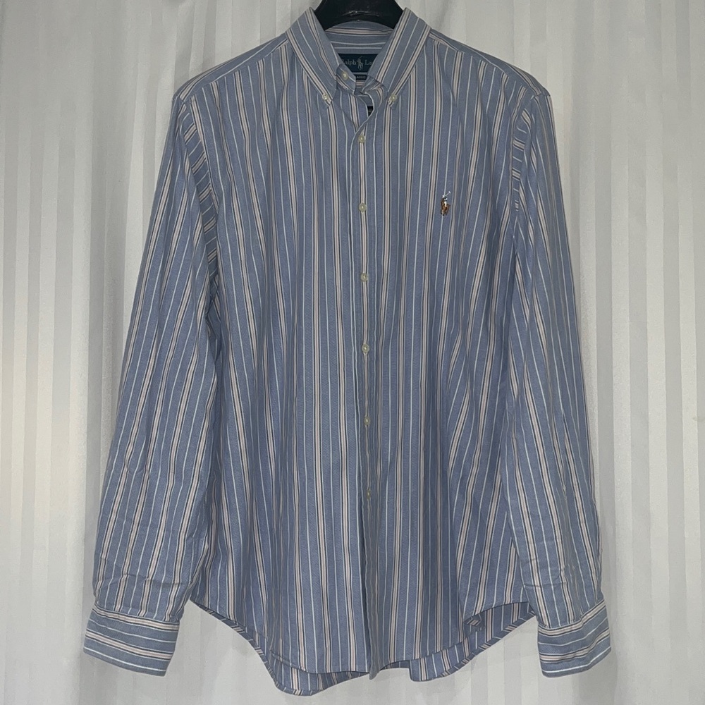 Ralph Lauren Men’s Blue Button Down Shirt with White and Pink Stripes